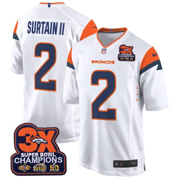 Denver Broncos 3-Time Champions Patch Game Jersey – Al Stitched – White – Patrick Surtain II Jersey