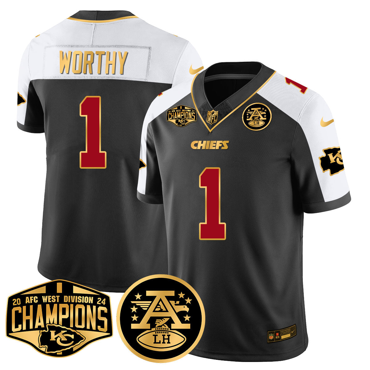 Chiefs 2024 AFC West Champions Jersey – All Stitched – Black Alternate – Xavier Worthy – 1 Jersey