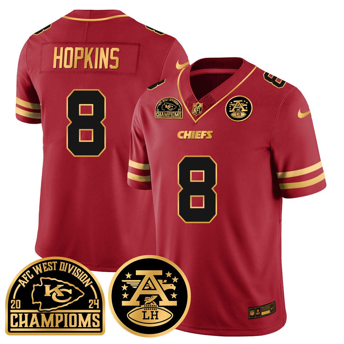 Chiefs 2024 AFC West Champs Jersey – All Stitched – Special Red – DeAndre Hopkins – 8 Jersey