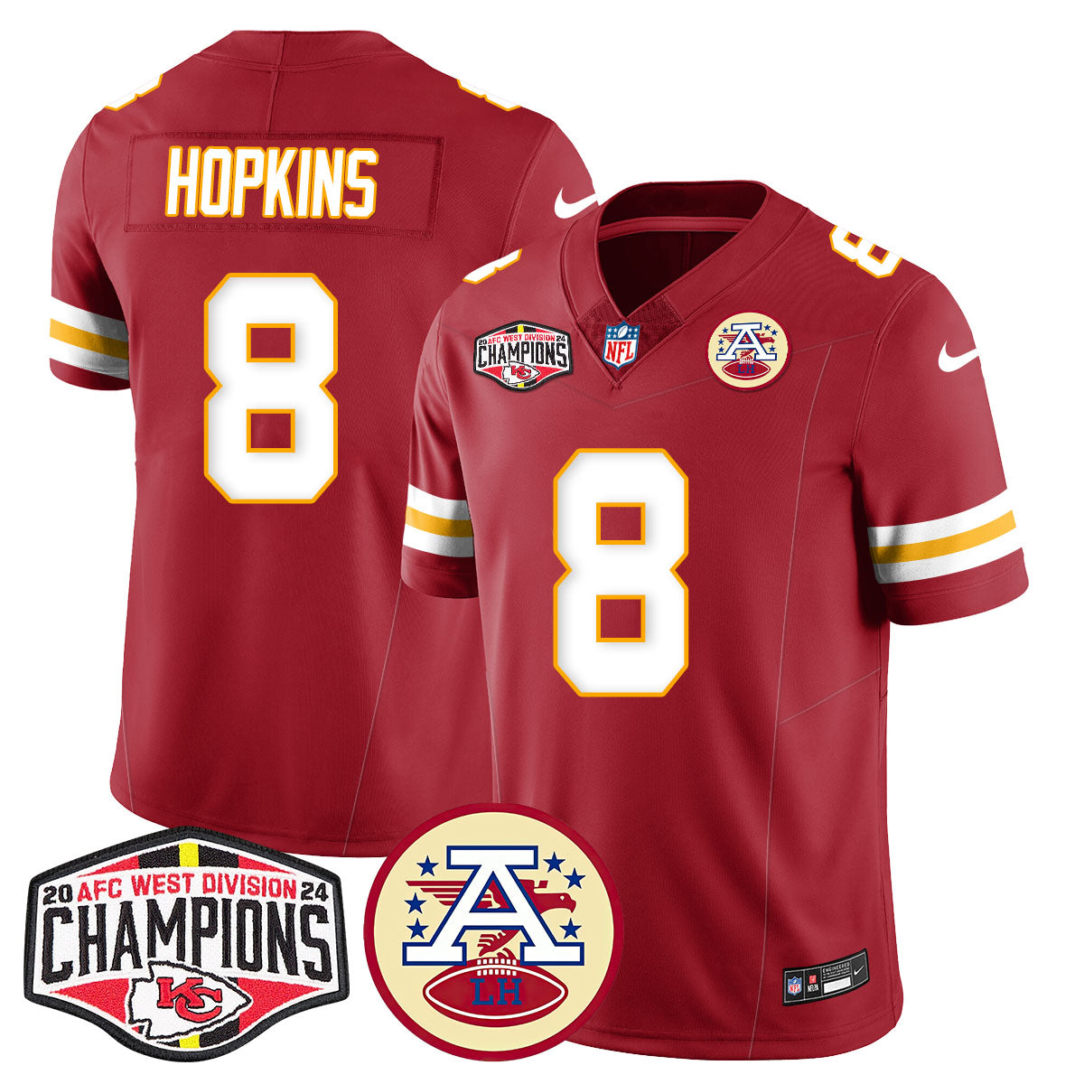 Chiefs 2024 AFC West Champions Jersey – All Stitched – Red – DeAndre Hopkins – 8 Jersey