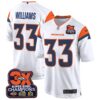 Denver Broncos 3-Time Champions Patch Game Jersey – Al Stitched – White – Javonte Williams Jersey