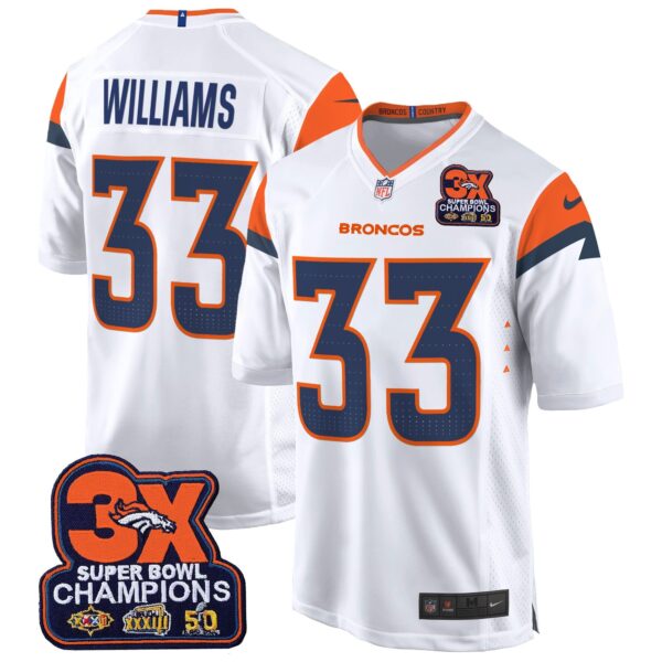 Denver Broncos 3-Time Champions Patch Game Jersey – Al Stitched – White – Javonte Williams Jersey