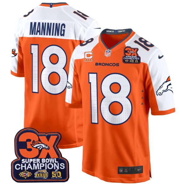 Denver Broncos 3-Time Champions Patch Game Jersey – Al Stitched – Orange Alternate – Peyton Manning Jersey