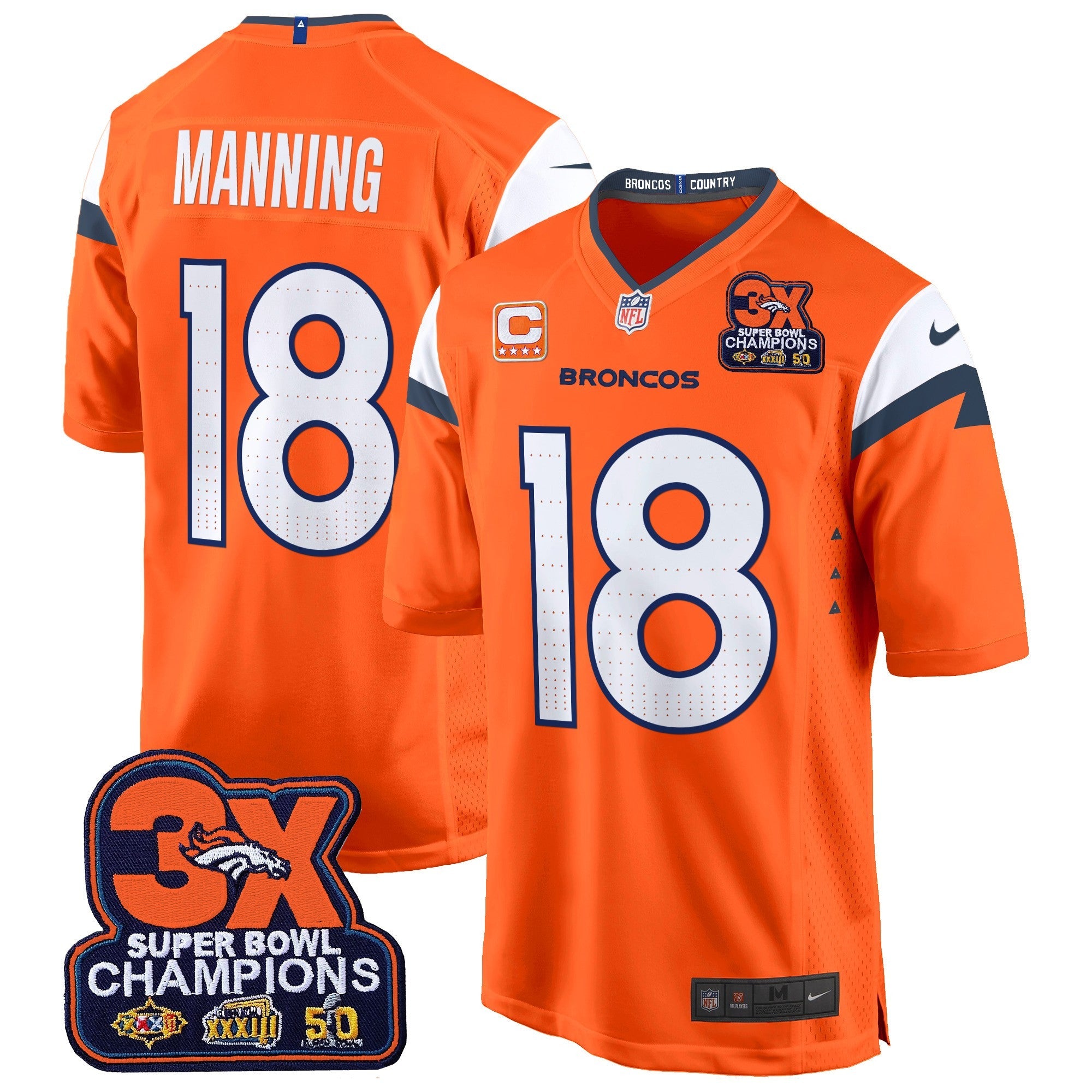 Denver Broncos 3-Time Champions Patch Game Jersey – Al Stitched – Orange – Peyton Manning Jersey