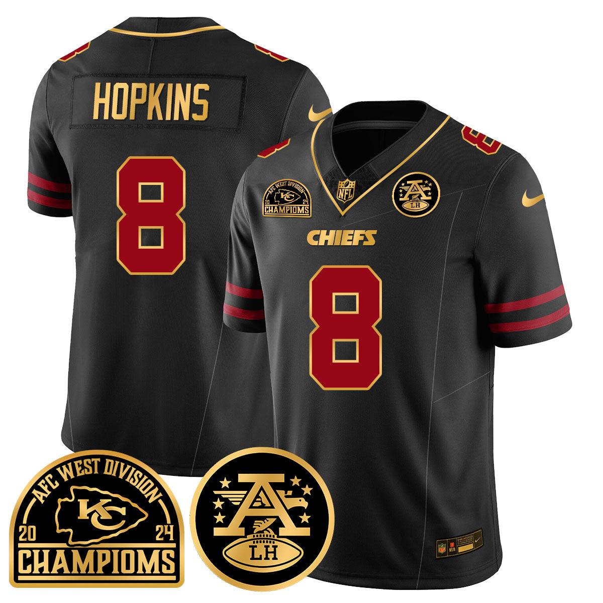 Chiefs 2024 AFC West Champs Jersey – All Stitched – Gold Trim – DeAndre Hopkins – 8 Jersey