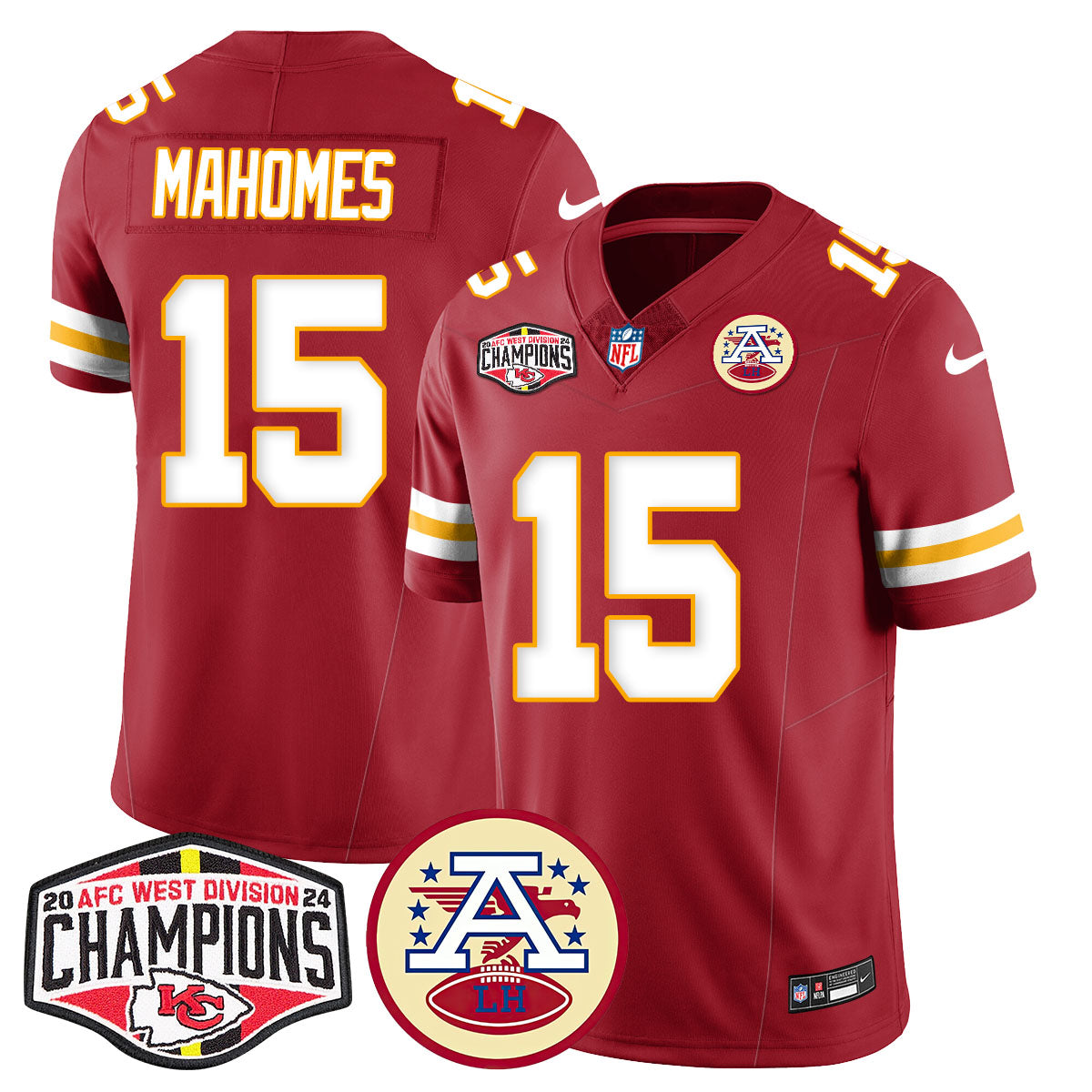 Chiefs 2024 AFC West Champions Jersey – All Stitched – Red – Patrick Mahomes – 15 Jersey