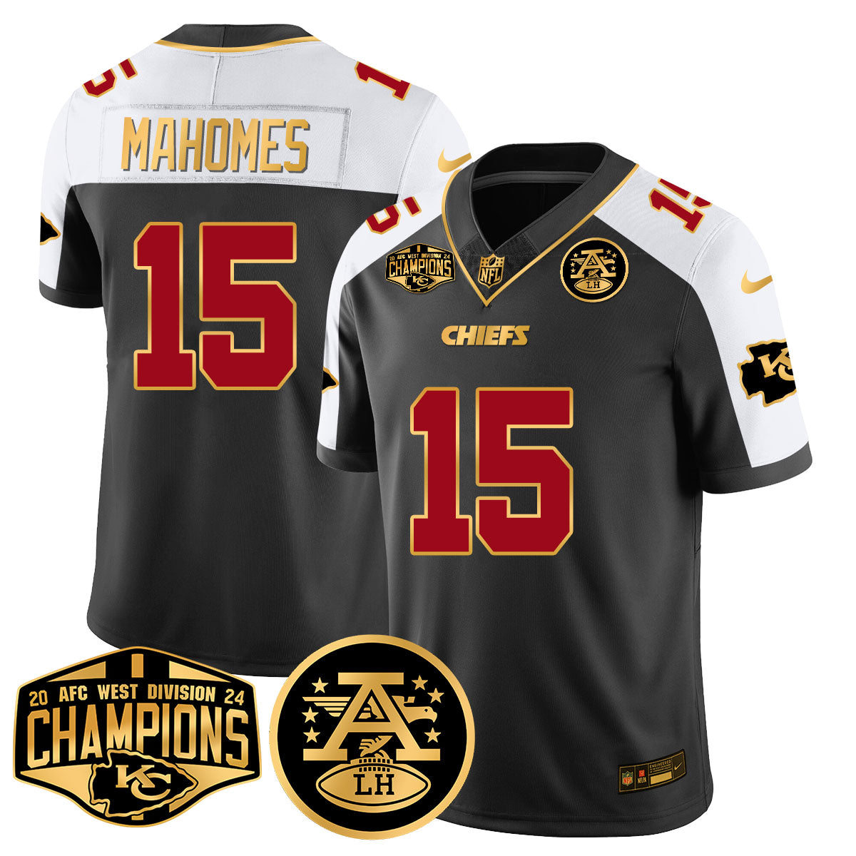 Chiefs 2024 AFC West Champions Jersey – All Stitched – Black Alternate – Patrick Mahomes – 15 Jersey
