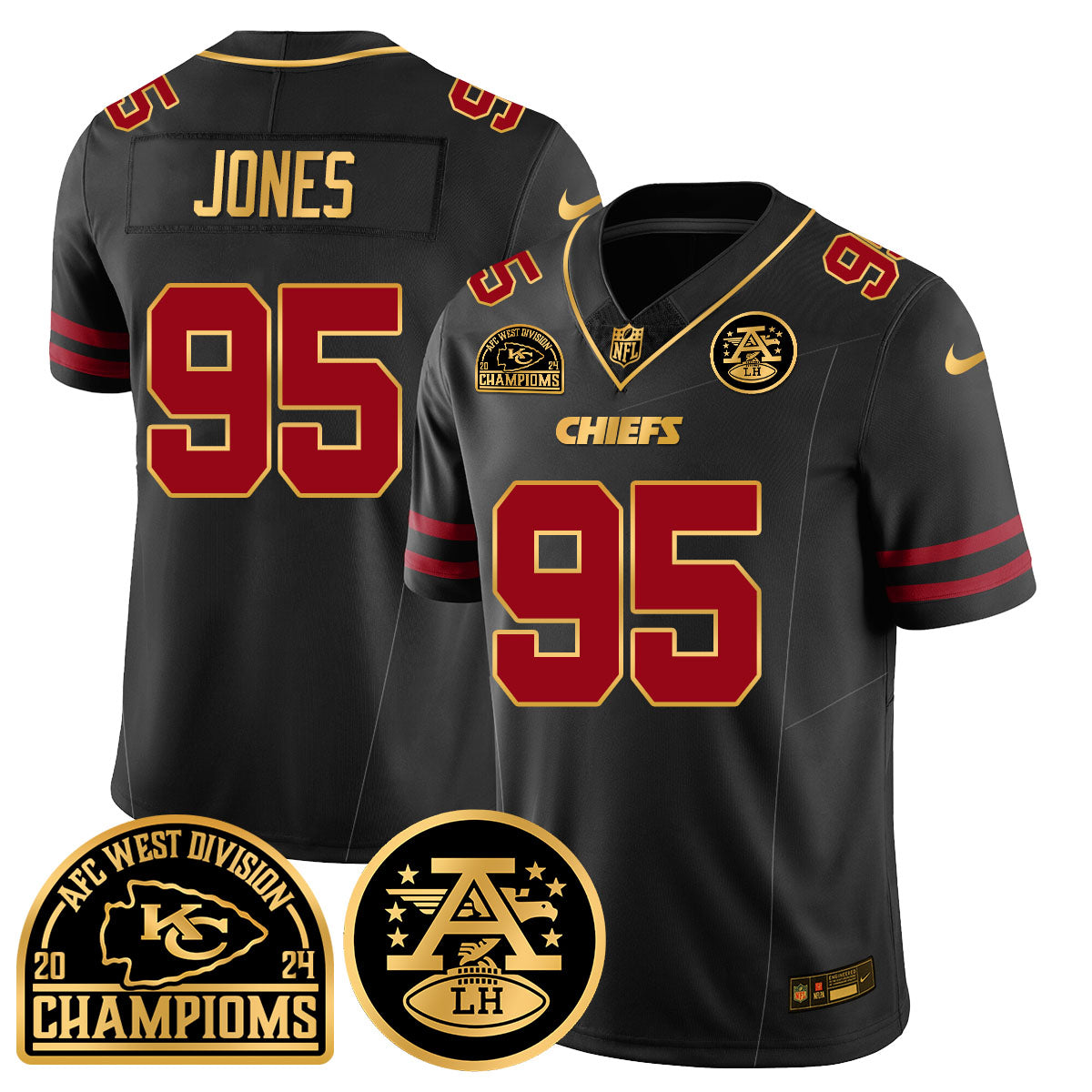 Chiefs 2024 AFC West Champs Jersey – All Stitched – Gold Trim – Chris Jones – 95 Jersey