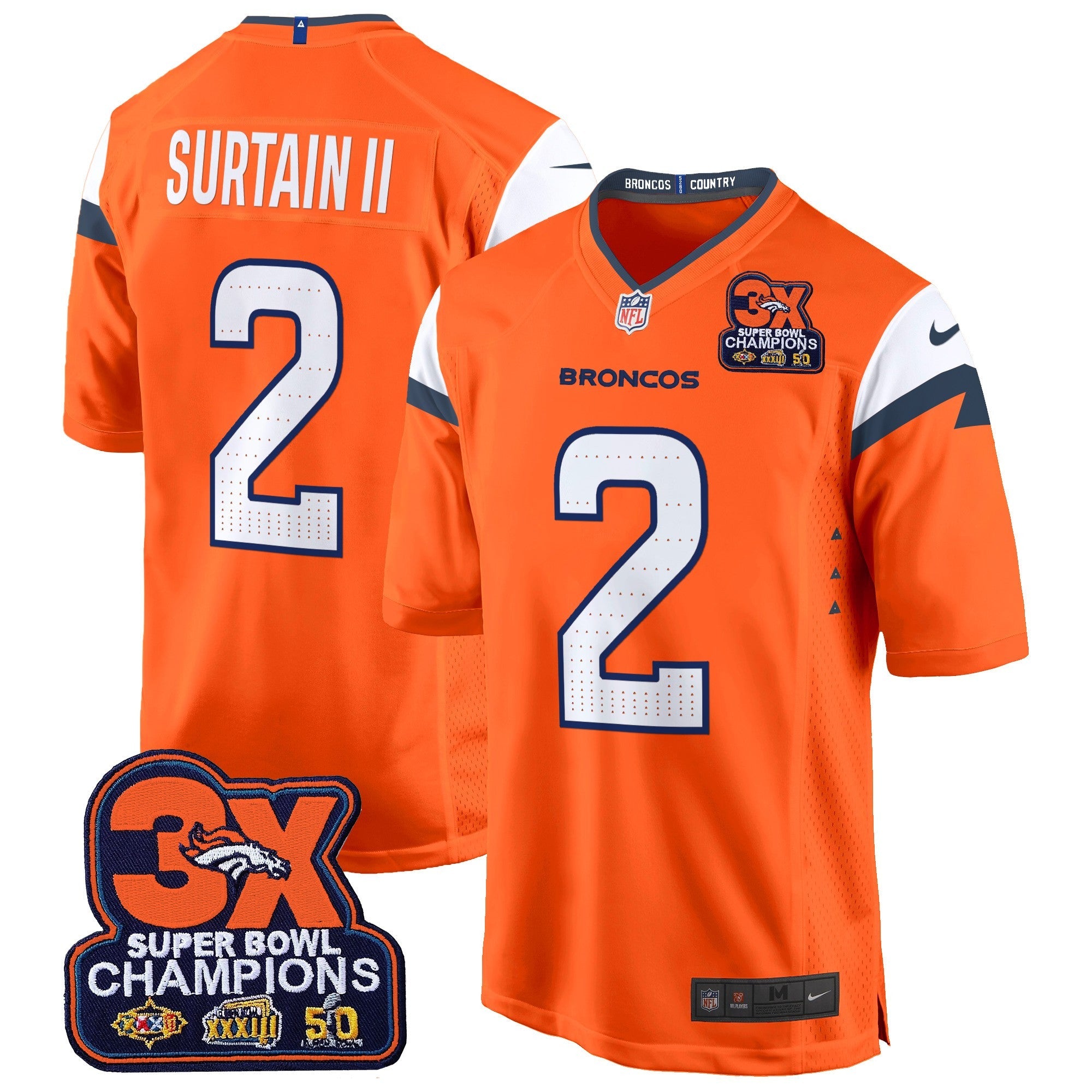 Denver Broncos 3-Time Champions Patch Game Jersey – Al Stitched – Orange – Patrick Surtain II Jersey