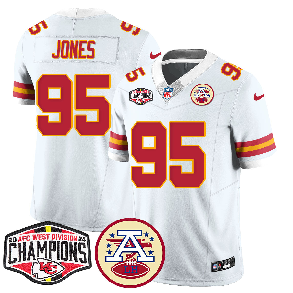 Chiefs 2024 AFC West Champions Jersey – All Stitched – White – Chris Jones – 95 Jersey