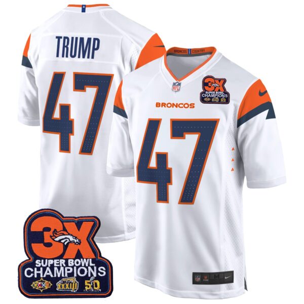 Denver Broncos 3-Time Champions Patch Game Jersey – Al Stitched – White – Donald Trump Jersey