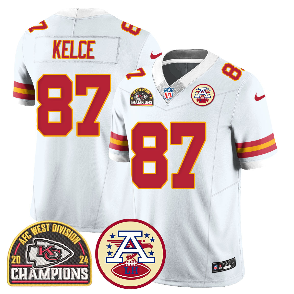 Chiefs 2024 AFC West Champs Jersey – All Stitched – White – Travis Kelce – 87 Jersey