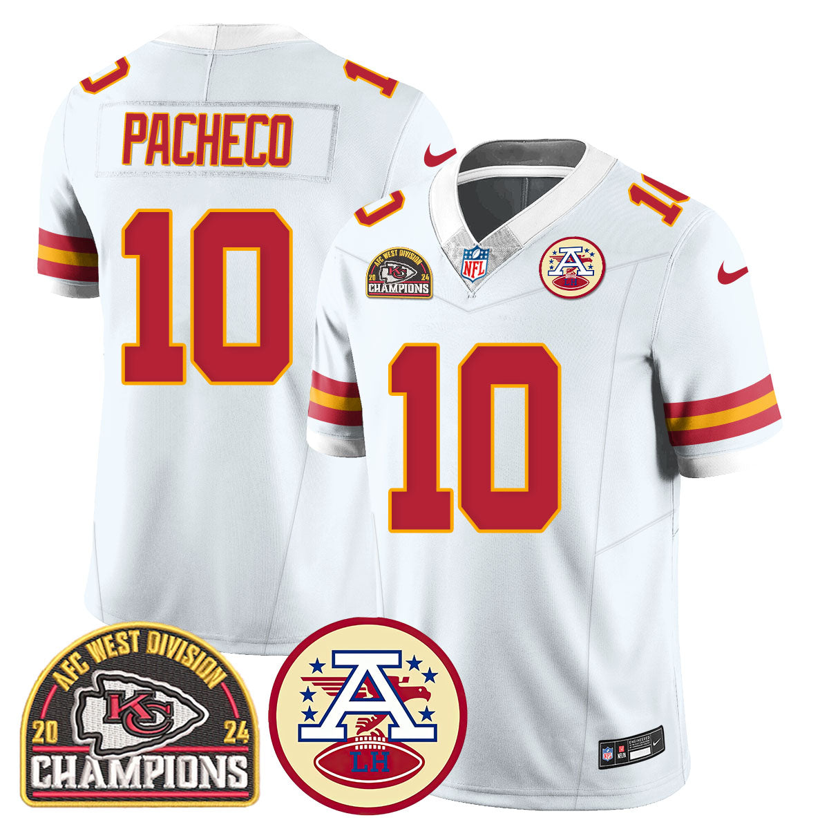 Chiefs 2024 AFC West Champs Jersey – All Stitched – White – Isiah Pacheco – 10 Jersey
