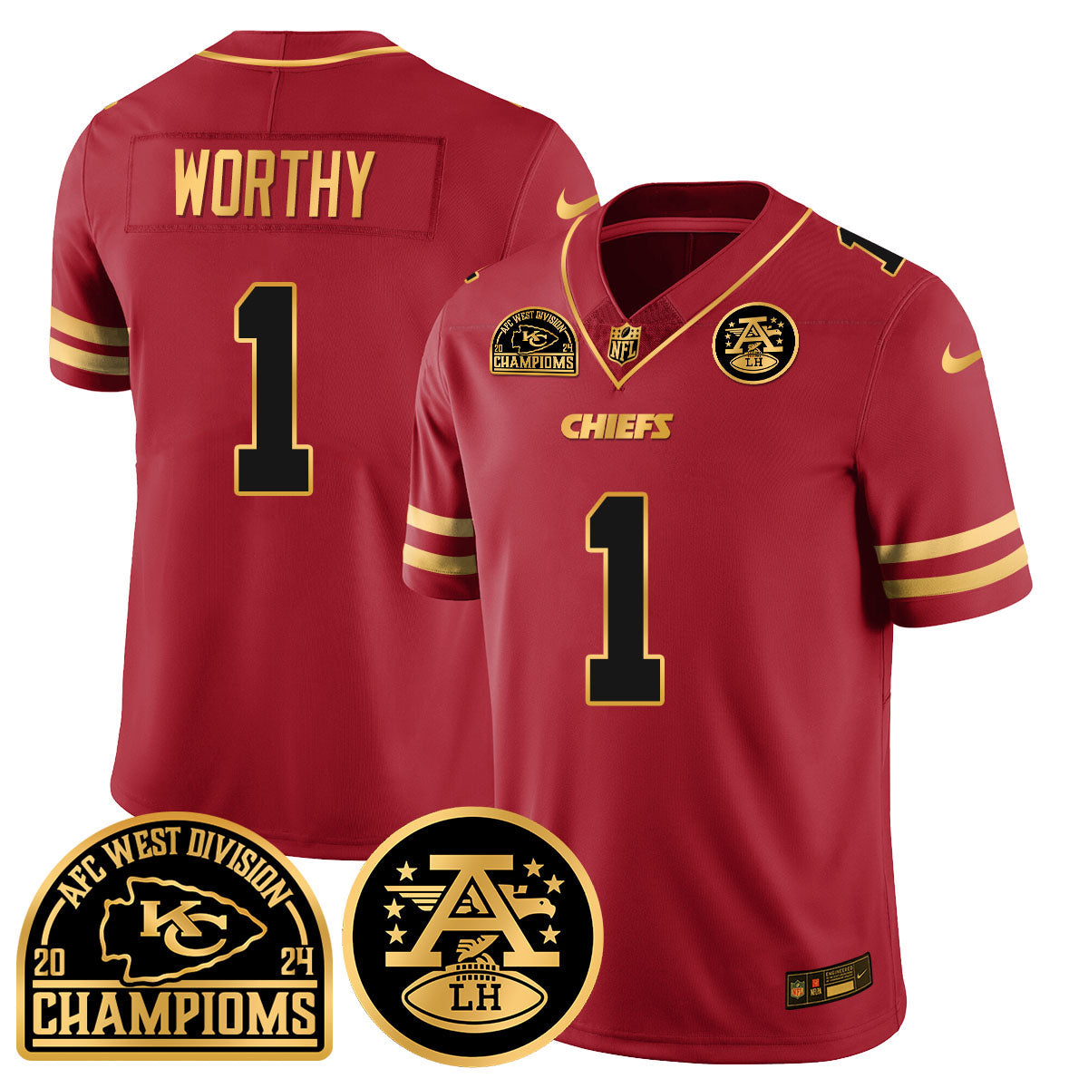 Chiefs 2024 AFC West Champs Jersey – All Stitched – Special Red – Xavier Worthy – 1 Jersey