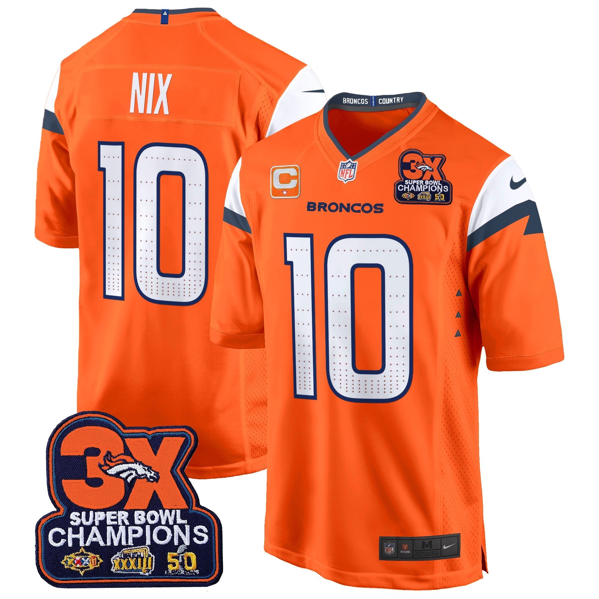 Denver Broncos 3-Time Champions Patch Game Jersey – Al Stitched – Orange – Bo Nix Jersey