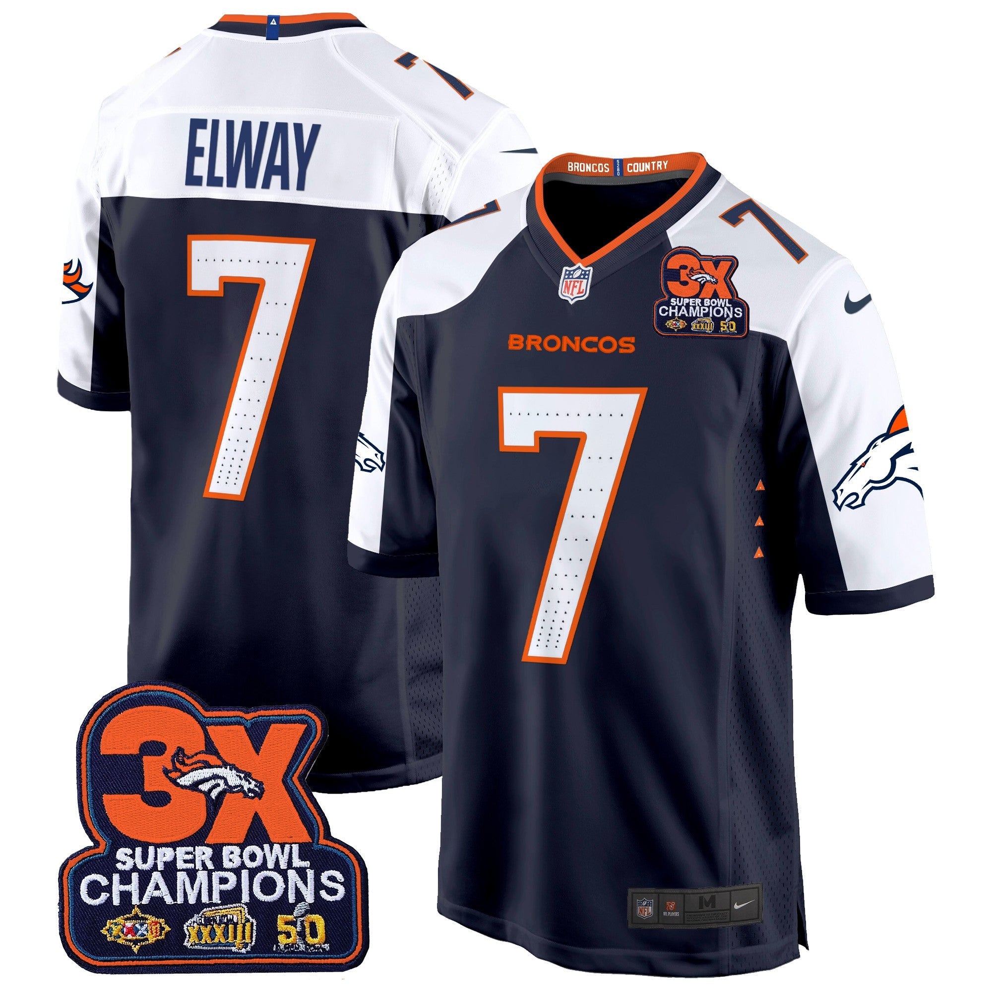 Denver Broncos 3-Time Champions Patch Game Jersey – Al Stitched – Navy Alternate – John Elway Jersey