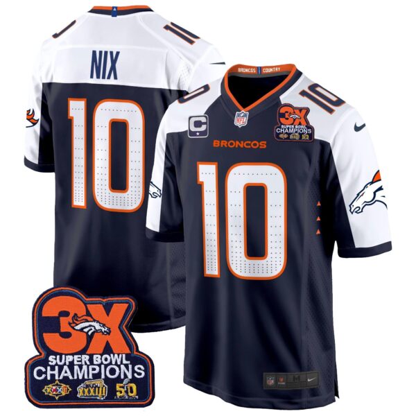 Denver Broncos 3-Time Champions Patch Game Jersey – Al Stitched – Navy Alternate – Bo Nix Jersey