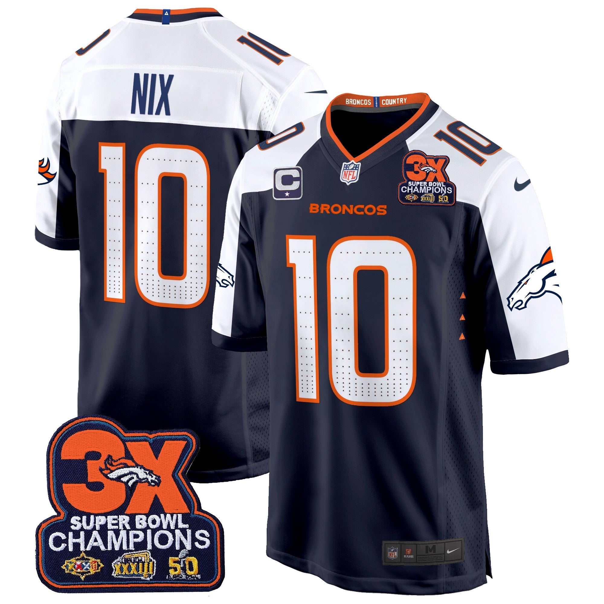 Denver Broncos 3-Time Champions Patch Game Jersey – Al Stitched – Navy Alternate – Bo Nix Jersey