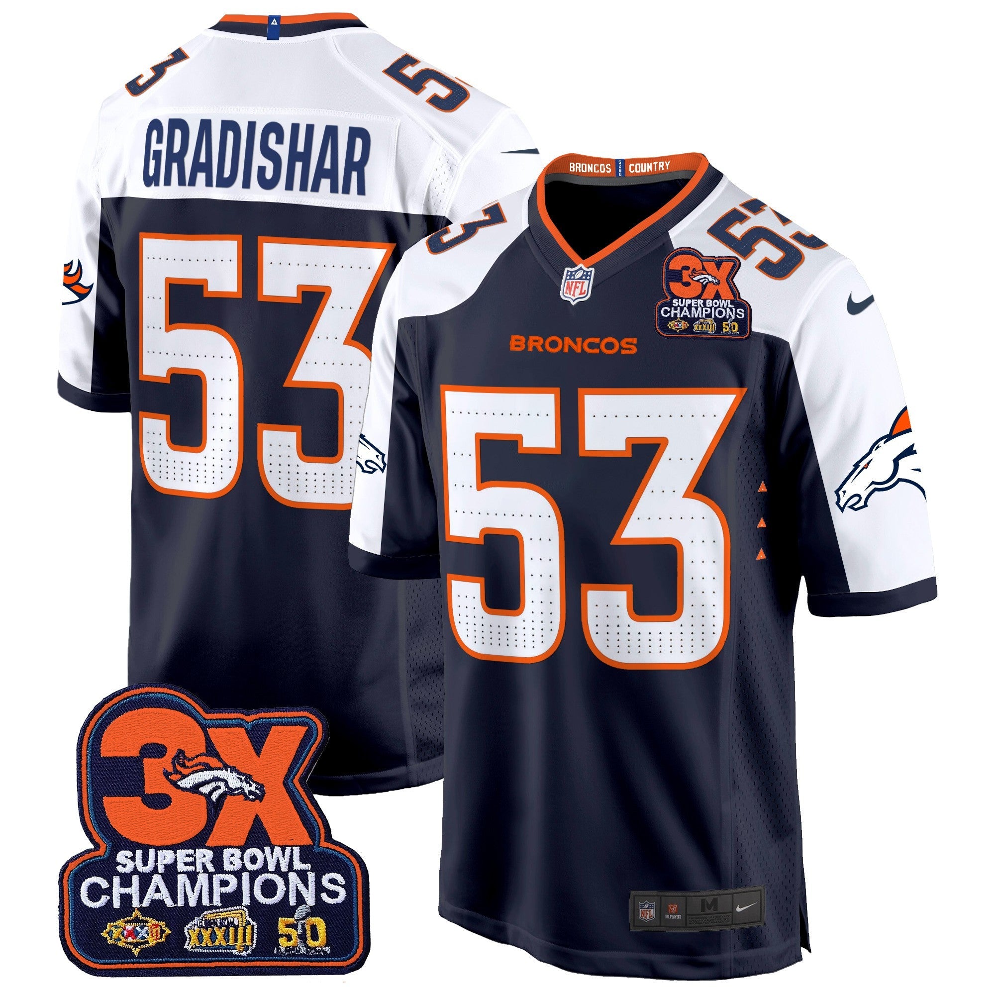 Denver Broncos 3-Time Champions Patch Game Jersey – Al Stitched – Navy Alternate – Randy Gradishar Jersey