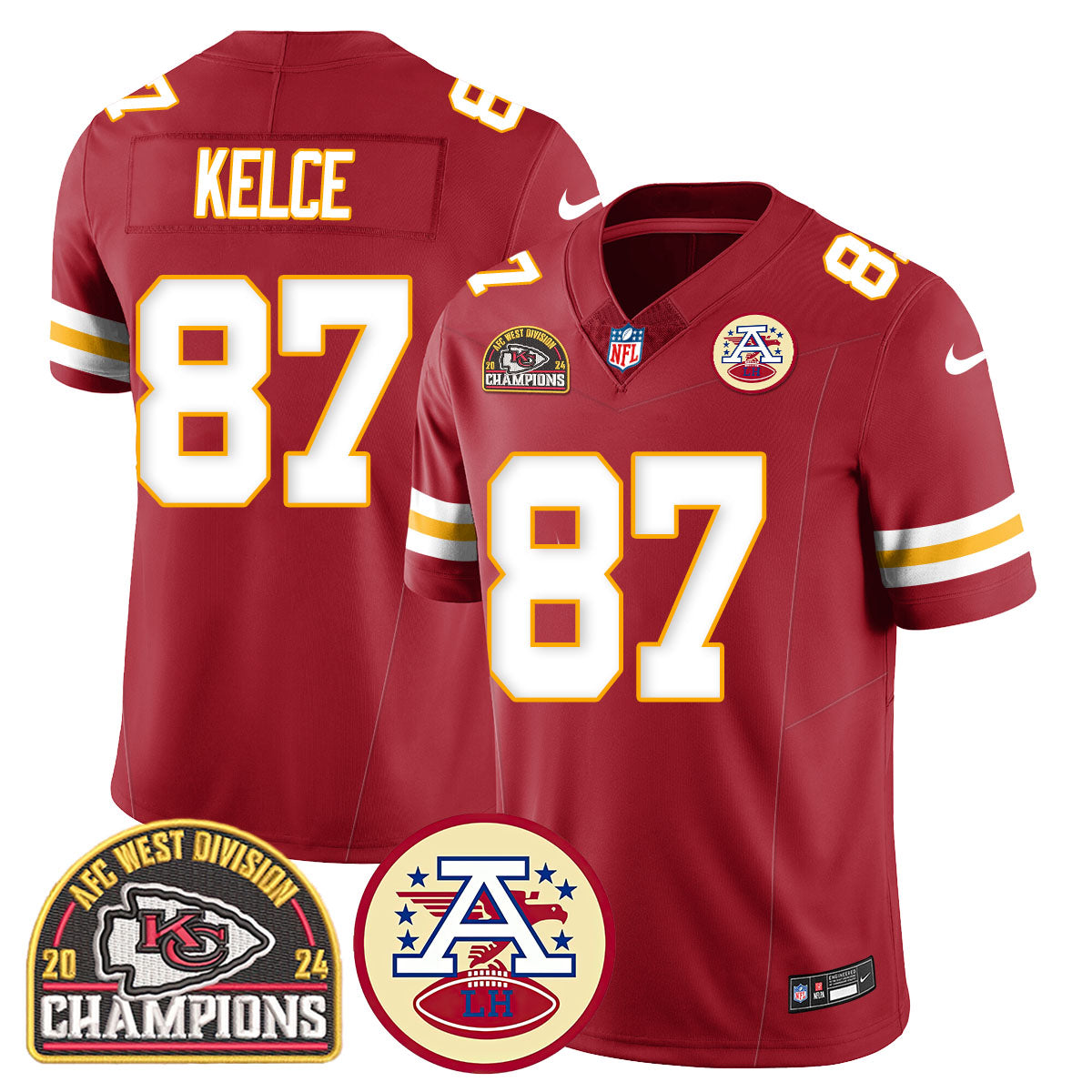 Chiefs 2024 AFC West Champs Jersey – All Stitched – Red – Travis Kelce – 87 Jersey