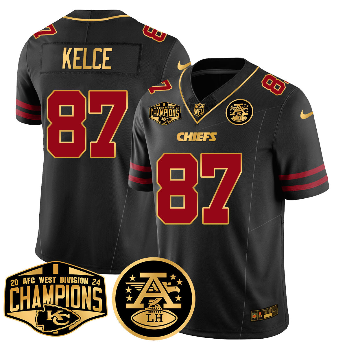 Chiefs 2024 AFC West Champions Jersey – All Stitched – Gold Trim – Travis Kelce – 87 Jersey