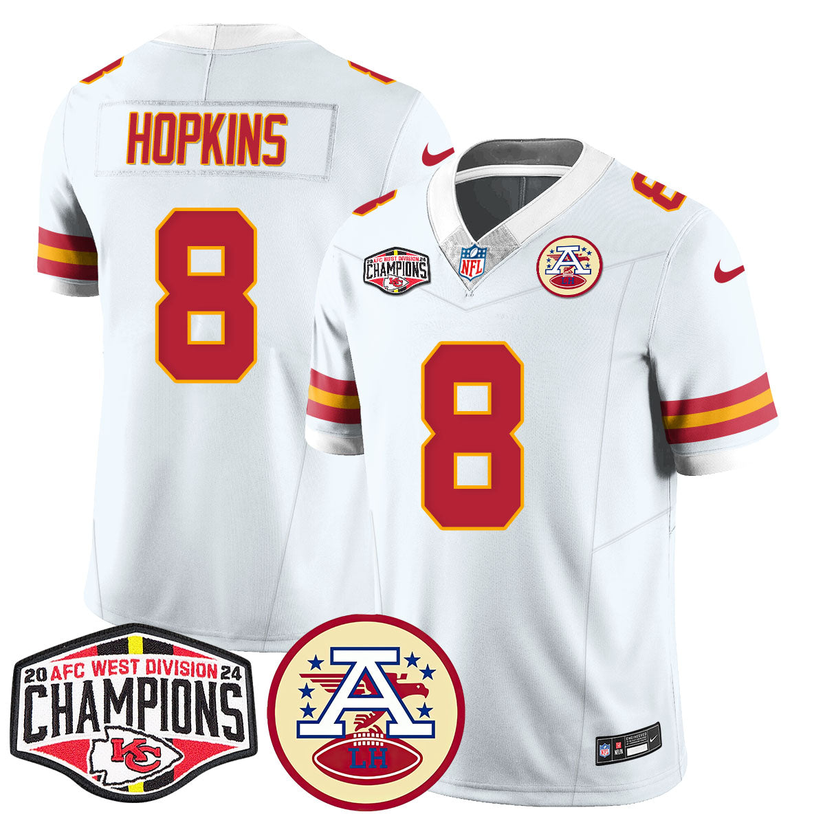 Chiefs 2024 AFC West Champions Jersey – All Stitched – White – DeAndre Hopkins – 8 Jersey