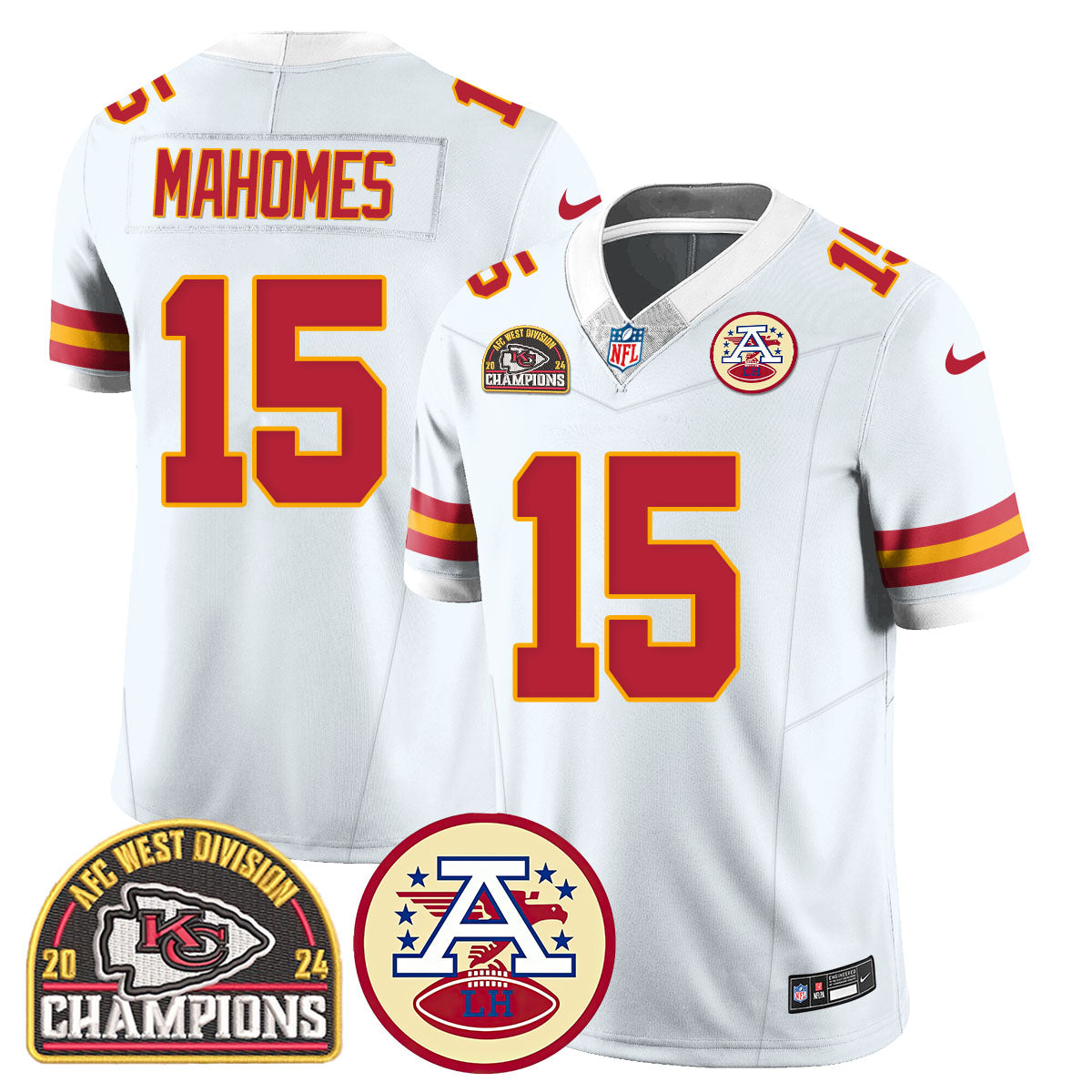 Chiefs 2024 AFC West Champs Jersey – All Stitched – White – Patrick Mahomes – 15 Jersey