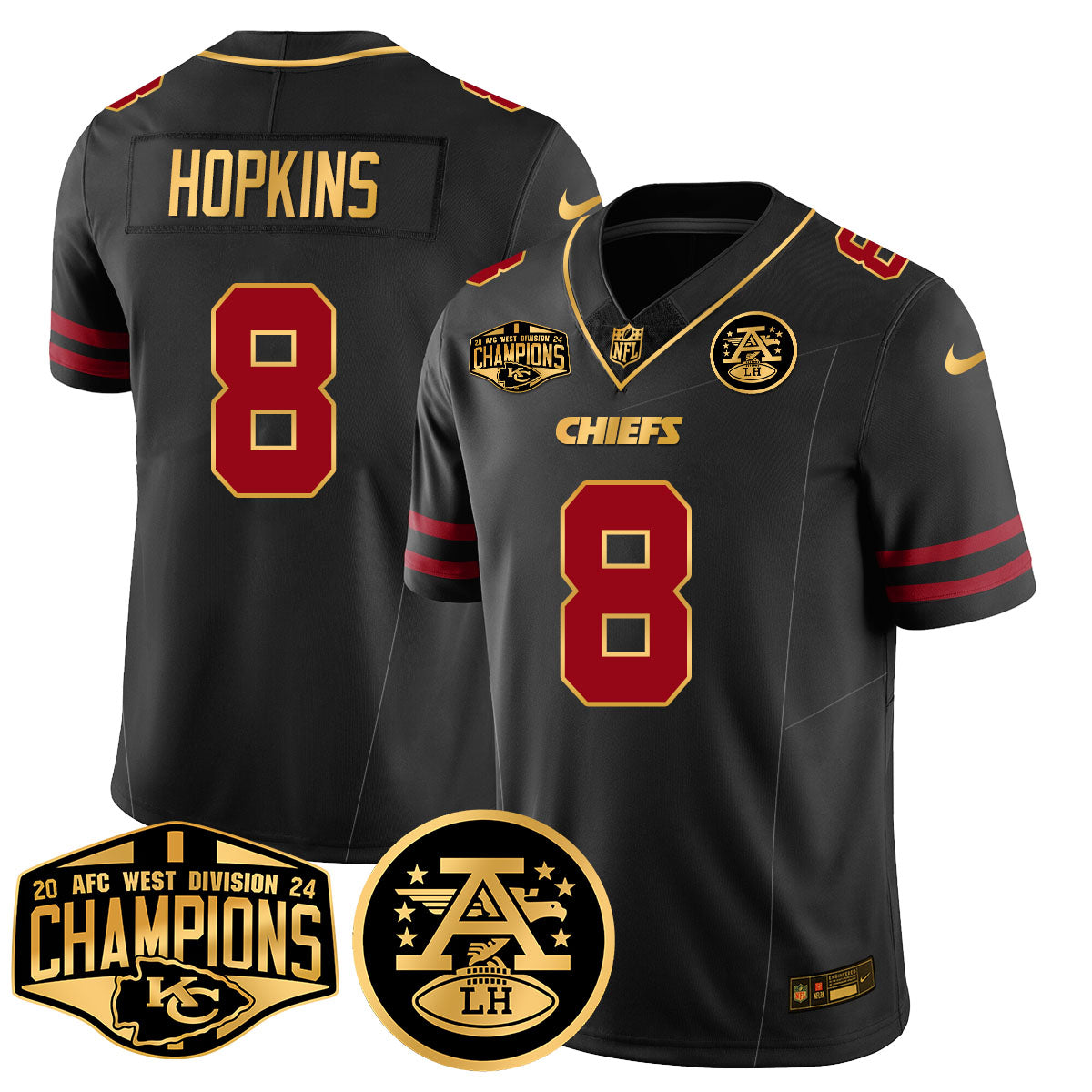 Chiefs 2024 AFC West Champions Jersey – All Stitched – Gold Trim – DeAndre Hopkins – 8 Jersey