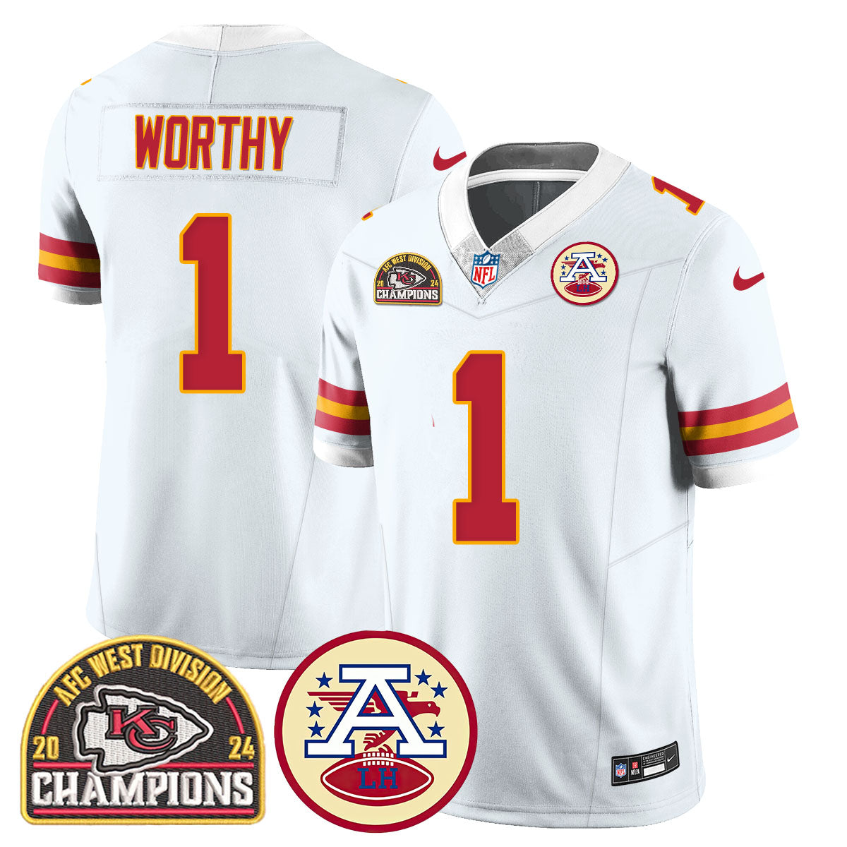 Chiefs 2024 AFC West Champs Jersey – All Stitched – White – Xavier Worthy – 1 Jersey