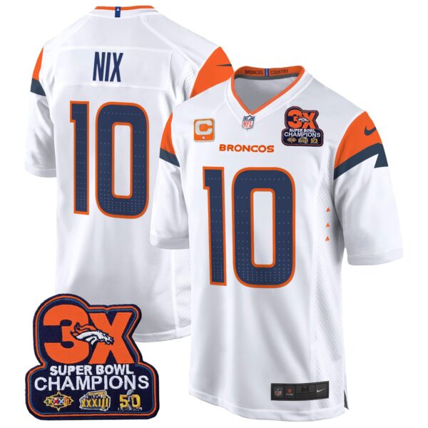 Denver Broncos 3-Time Champions Patch Game Jersey – Al Stitched – White – Bo Nix Jersey