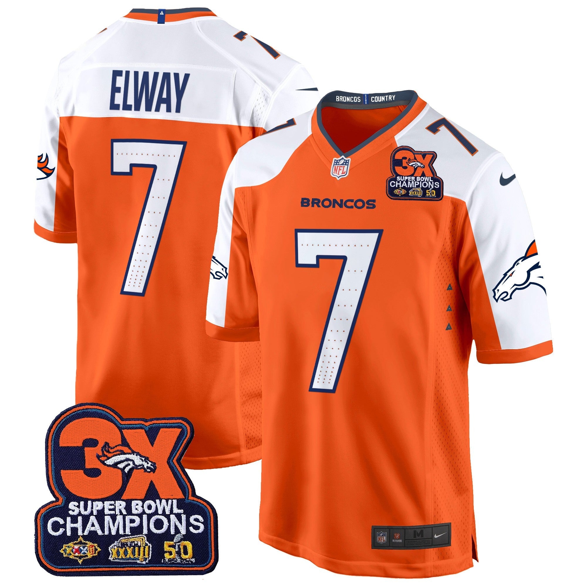 Denver Broncos 3-Time Champions Patch Game Jersey – Al Stitched – Orange Alternate – John Elway Jersey