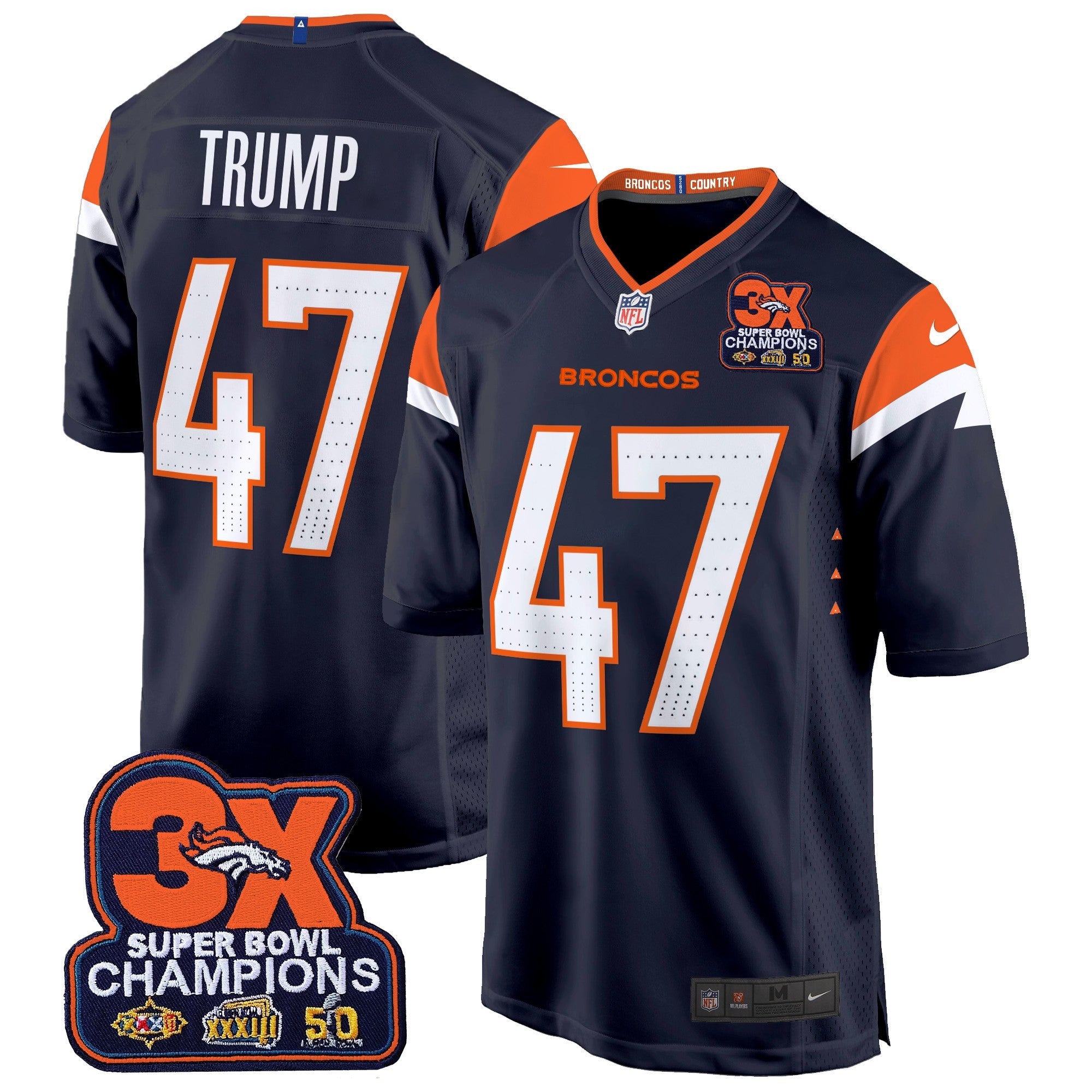Denver Broncos 3-Time Champions Patch Game Jersey – Al Stitched – Navy – Donald Trump Jersey