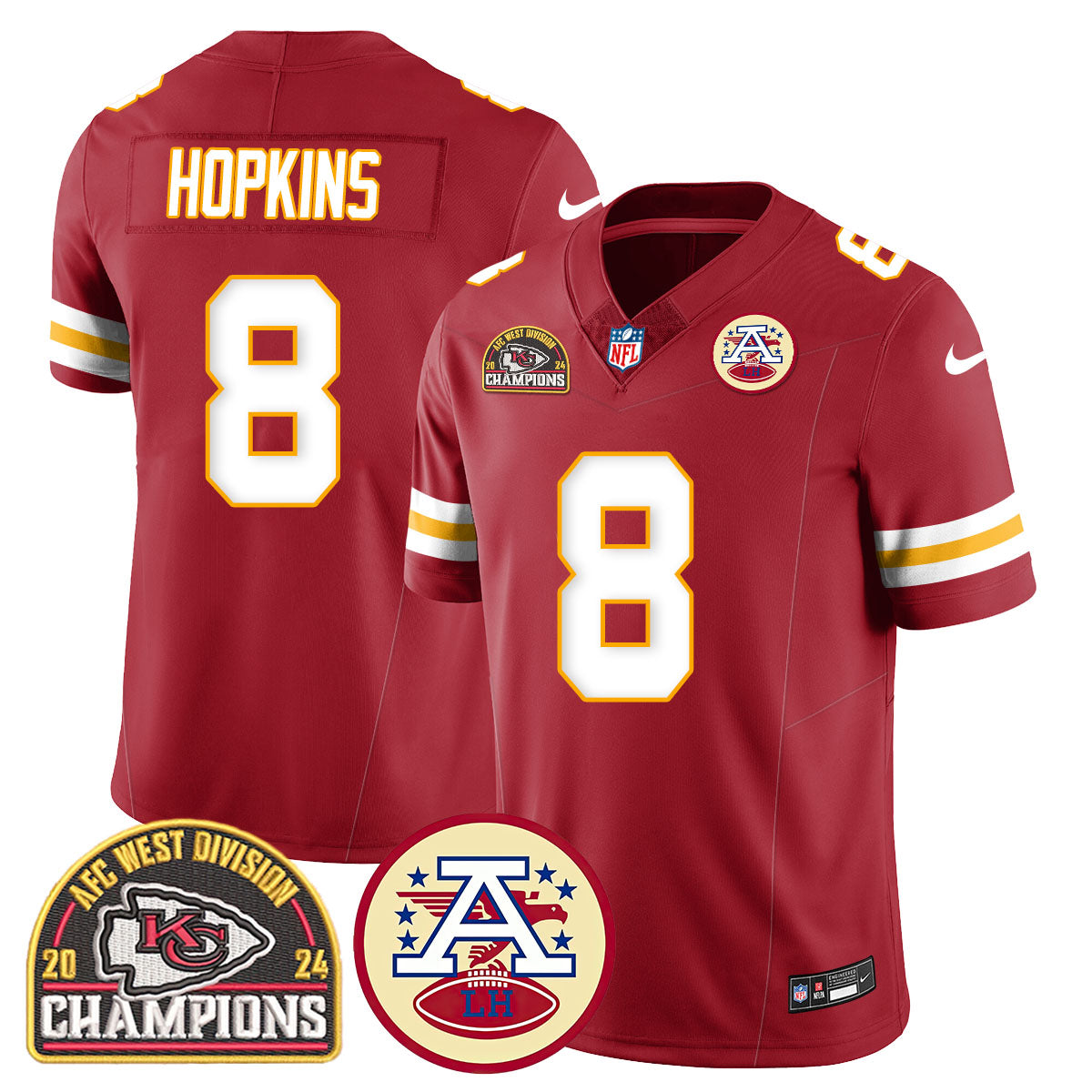 Chiefs 2024 AFC West Champs Jersey – All Stitched – Red – DeAndre Hopkins – 8 Jersey