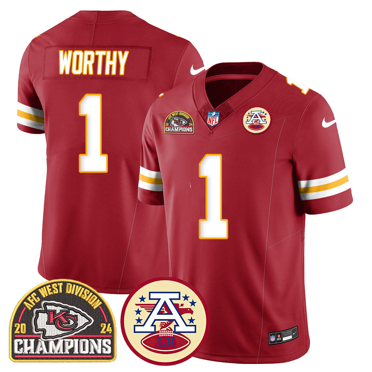 Chiefs 2024 AFC West Champs Jersey – All Stitched – Red – Xavier Worthy – 1 Jersey