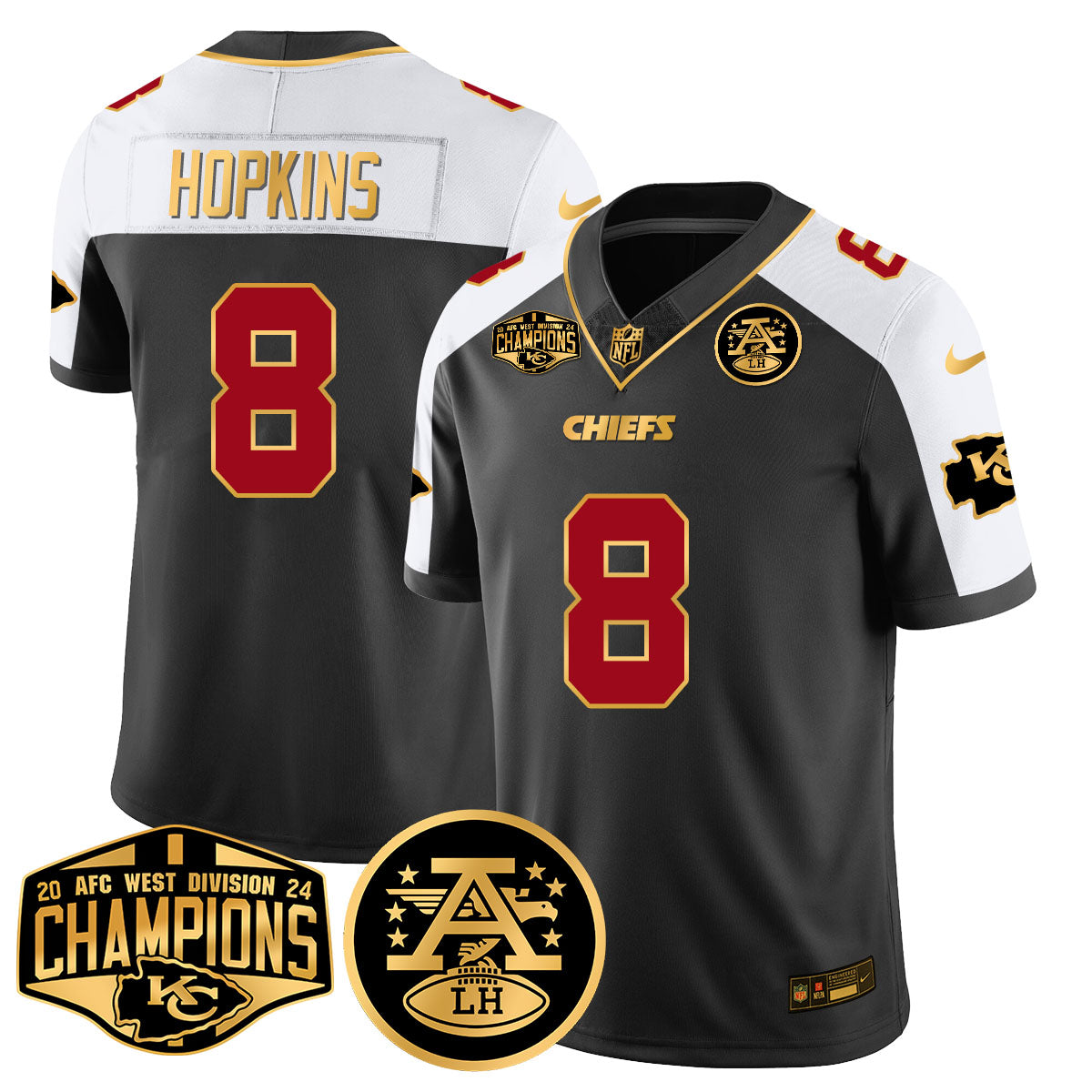 Chiefs 2024 AFC West Champions Jersey – All Stitched – Black Alternate – DeAndre Hopkins – 8 Jersey