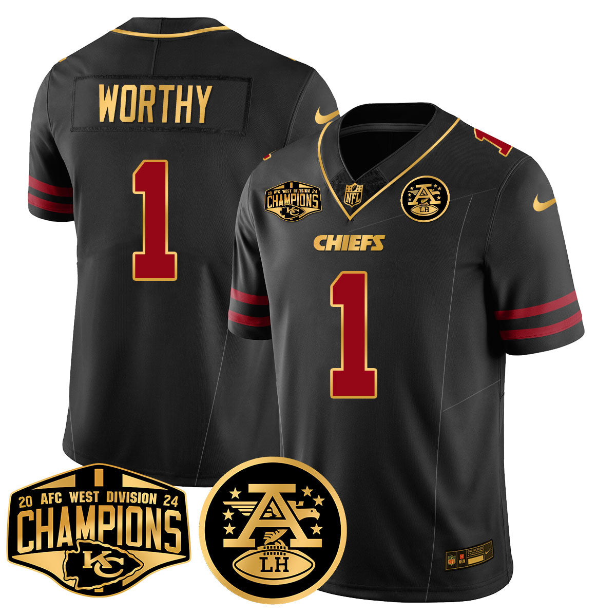 Chiefs 2024 AFC West Champions Jersey – All Stitched – Gold Trim – Xavier Worthy – 1 Jersey