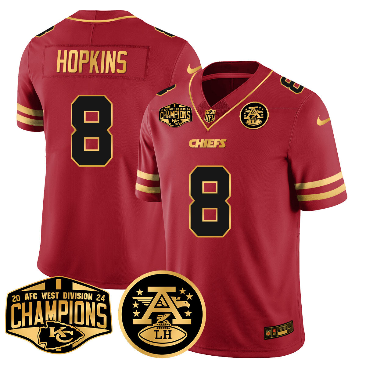 Chiefs 2024 AFC West Champions Jersey – All Stitched – Special Red – DeAndre Hopkins – 8 Jersey