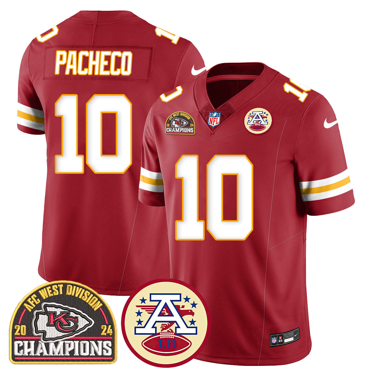 Chiefs 2024 AFC West Champs Jersey – All Stitched – Red – Isiah Pacheco – 10 Jersey