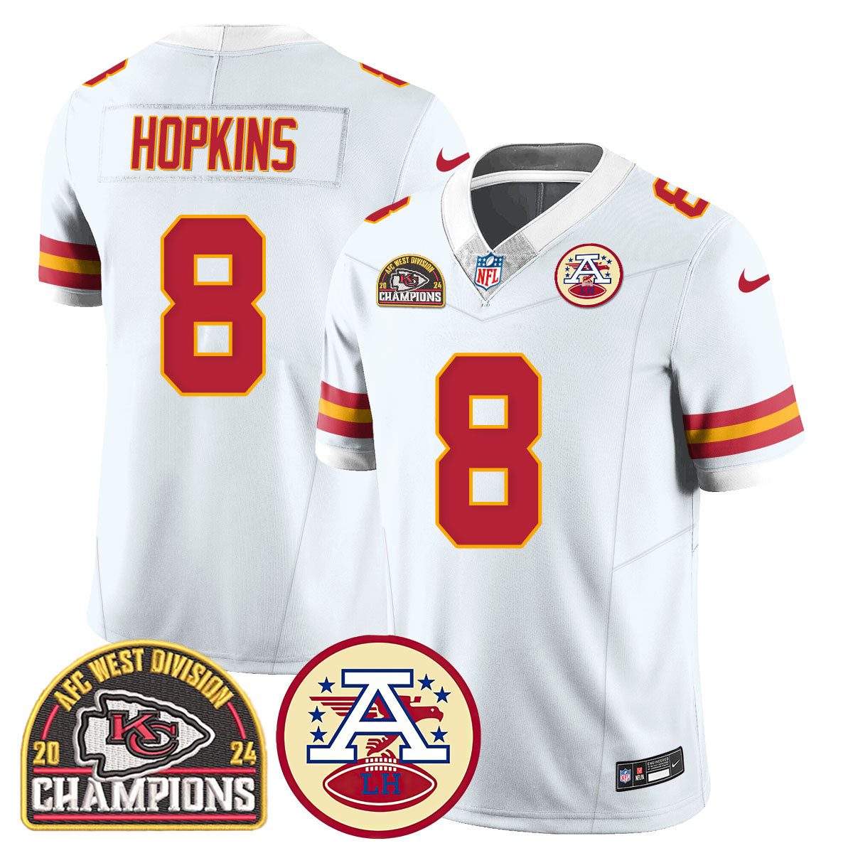 Chiefs 2024 AFC West Champs Jersey – All Stitched – White – DeAndre Hopkins – 8 Jersey