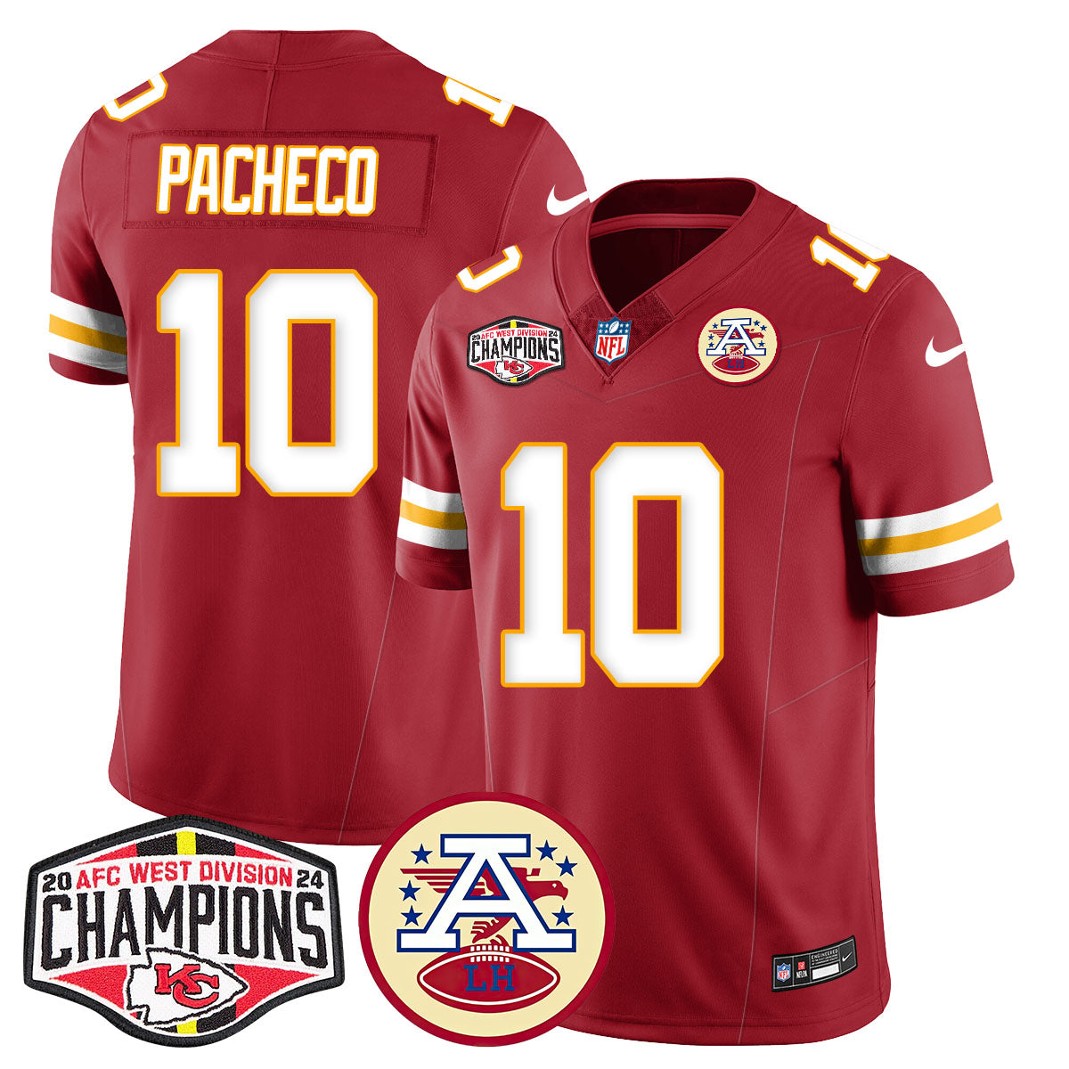 Chiefs 2024 AFC West Champions Jersey – All Stitched – Red – Isiah Pacheco – 10 Jersey