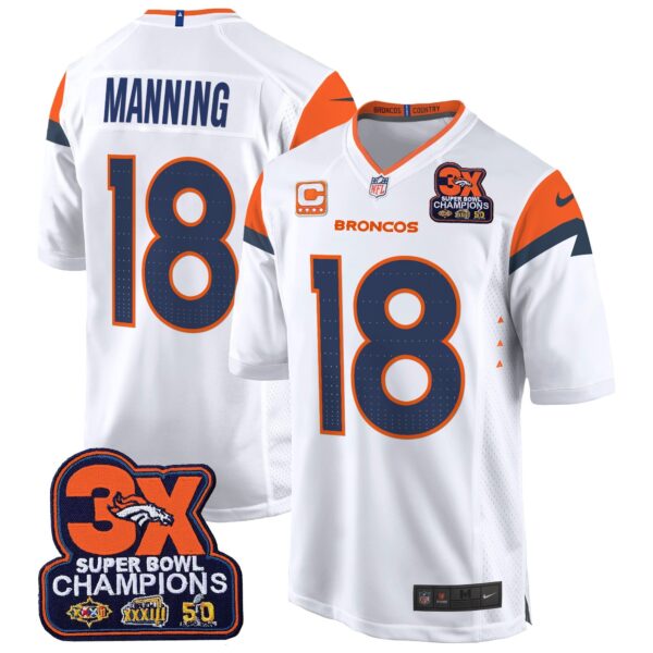 Denver Broncos 3-Time Champions Patch Game Jersey – Al Stitched – White – Peyton Manning Jersey