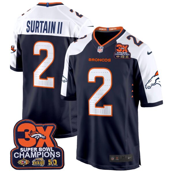 Denver Broncos 3-Time Champions Patch Game Jersey – Al Stitched – Navy Alternate – Patrick Surtain II Jersey