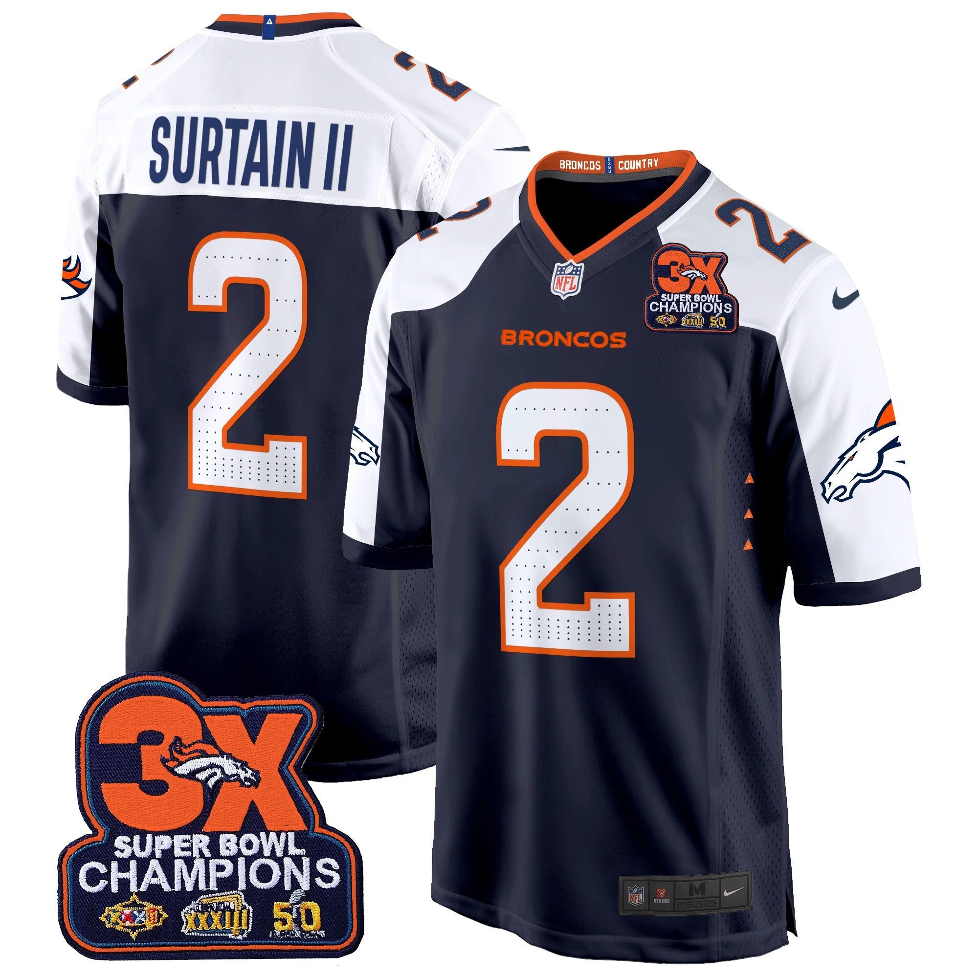 Denver Broncos 3-Time Champions Patch Game Jersey – Al Stitched – Navy Alternate – Patrick Surtain II Jersey