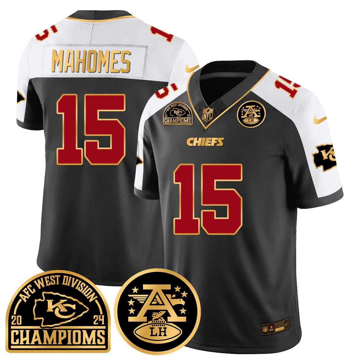 Chiefs 2024 AFC West Champs Jersey – All Stitched – Black Alternate – Patrick Mahomes – 15 Jersey