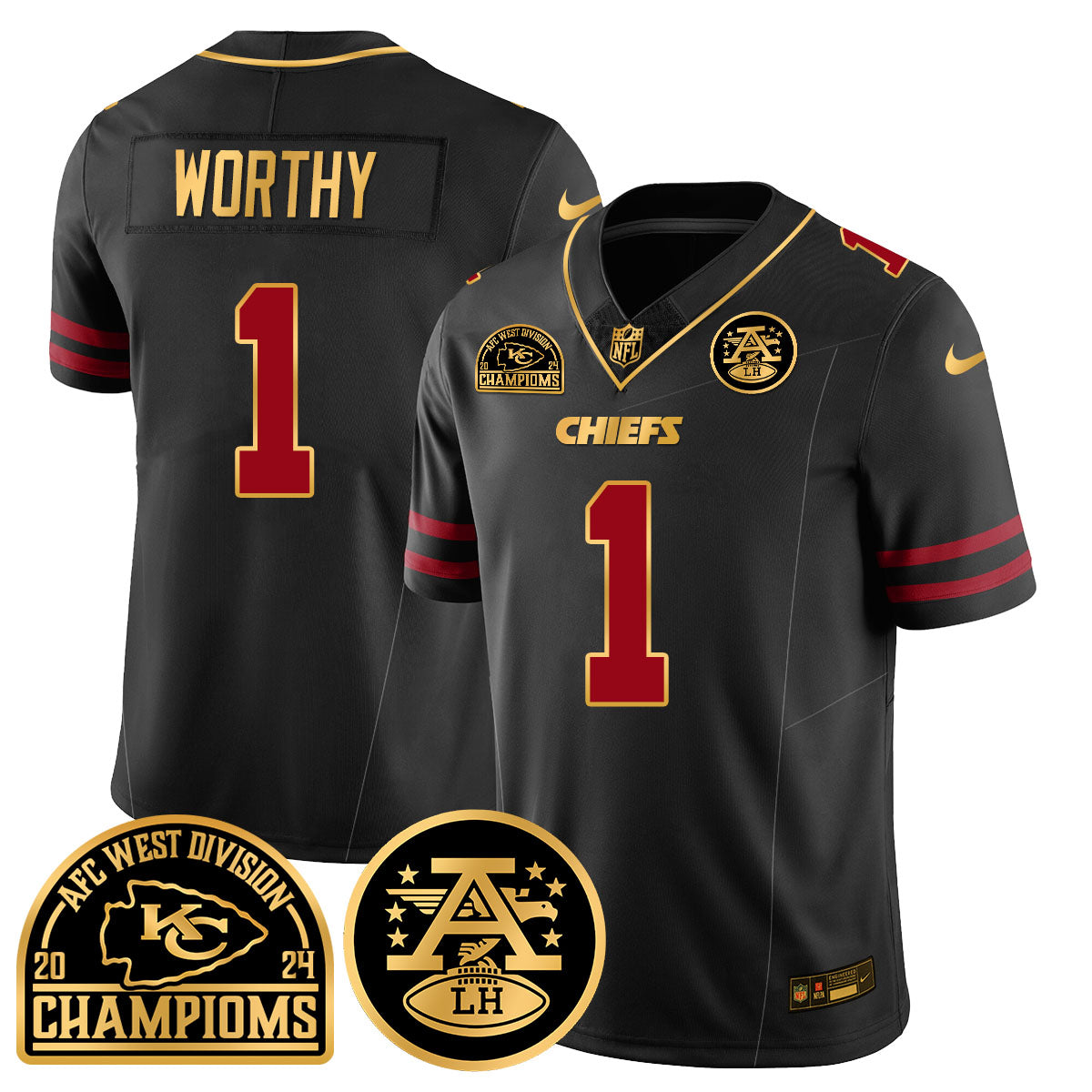 Chiefs 2024 AFC West Champs Jersey – All Stitched – Gold Trim – Xavier Worthy – 1 Jersey