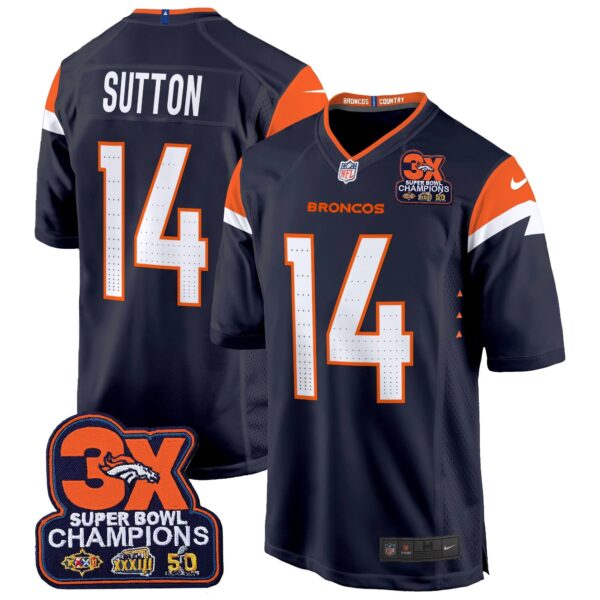 Denver Broncos 3-Time Champions Patch Game Jersey – Al Stitched – Navy – Courtland Sutton Jersey