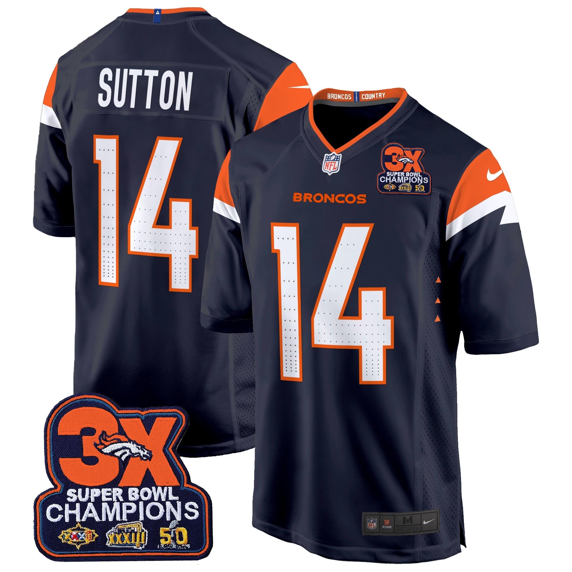 Denver Broncos 3-Time Champions Patch Game Jersey – Al Stitched – Navy – Courtland Sutton Jersey