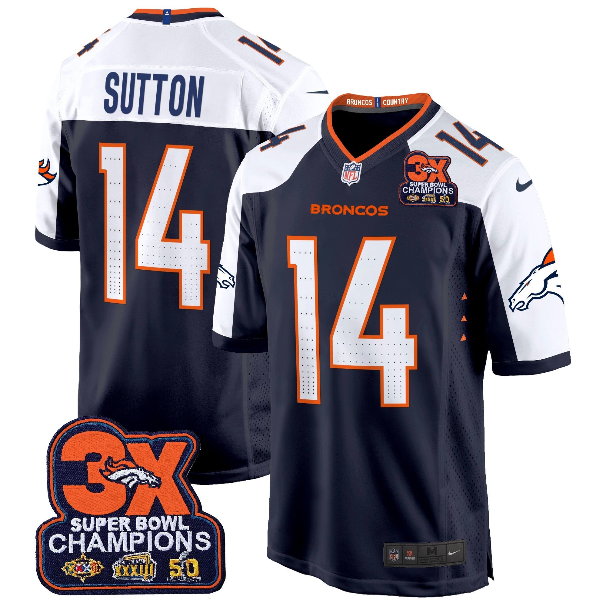 Denver Broncos 3-Time Champions Patch Game Jersey – Al Stitched – Navy Alternate – Courtland Sutton Jersey