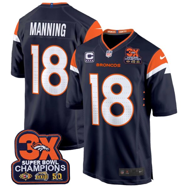Denver Broncos 3-Time Champions Patch Game Jersey – Al Stitched – Navy – Peyton Manning Jersey