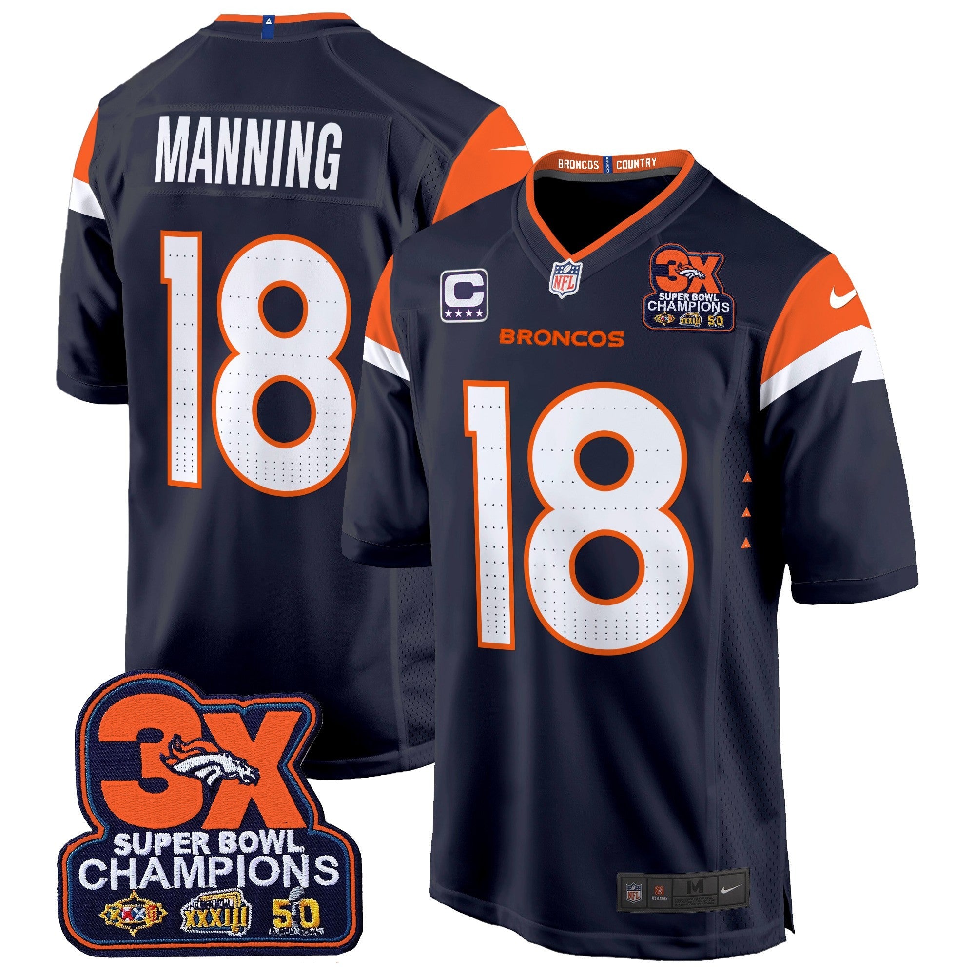 Denver Broncos 3-Time Champions Patch Game Jersey – Al Stitched – Navy – Peyton Manning Jersey